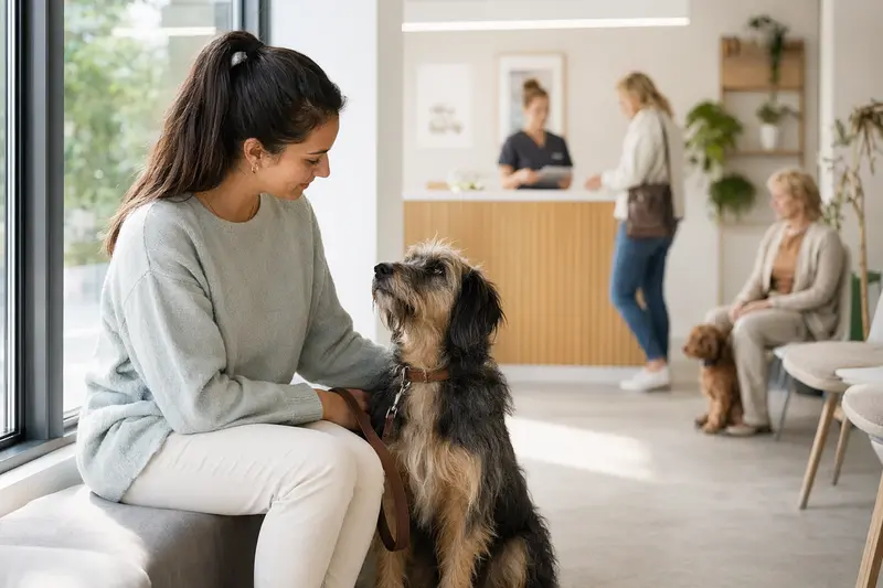 Ein Indian Beardog sitzt ruhig neben seinem Besitzer im hellen Wartezimmer einer modernen Tierarztpraxis.